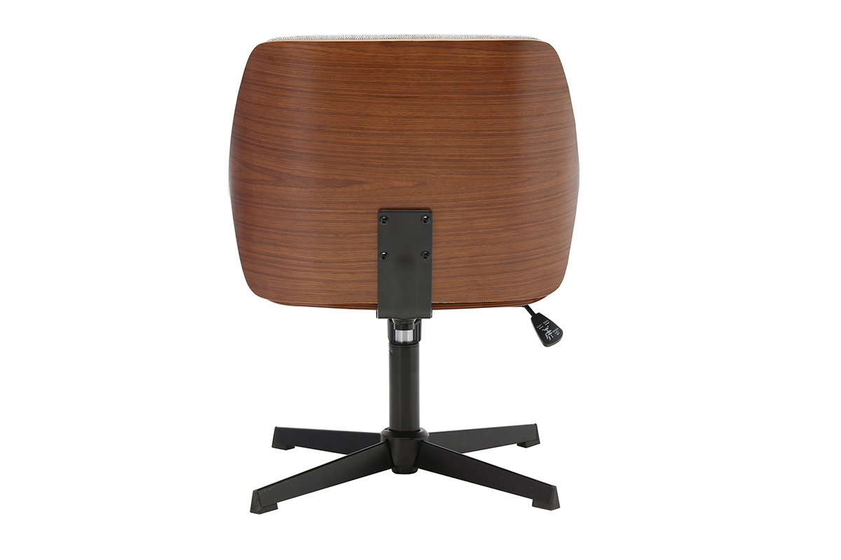 Sedia da ufficio RIKKI vista da dietro, in tessuto grigio effetto velluto e legno scuro noce