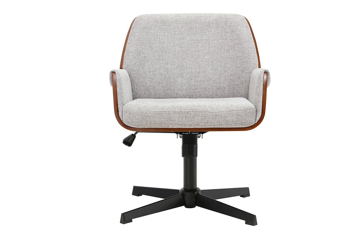 Sedia da ufficio RIKKI in tessuto grigio con braccioli e base nera, vista frontale.