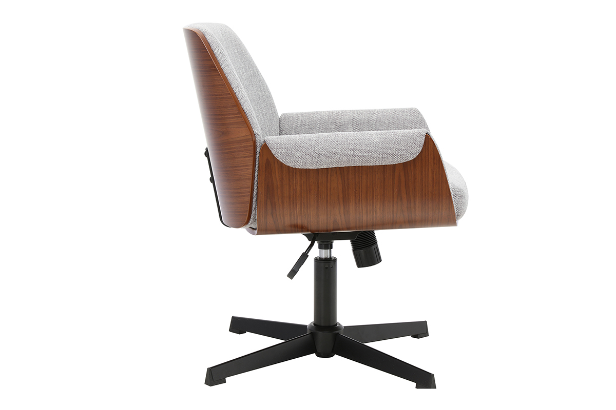 Sedia da ufficio RIKKI in tessuto effetto velluto grigio e legno scuro, vista laterale