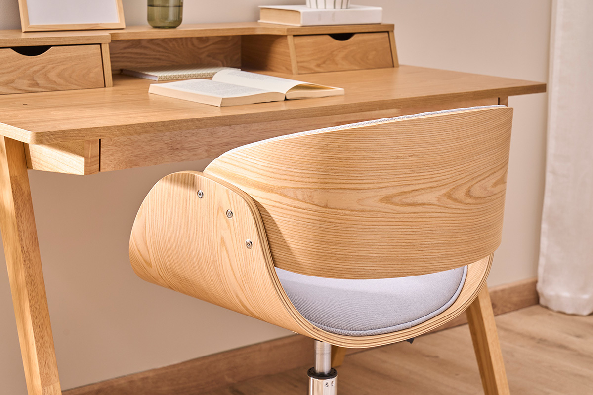 Sedia da ufficio in tessuto grigio e legno chiaro BENT