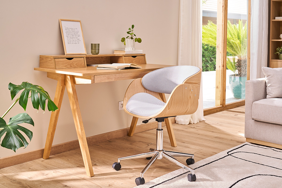 Sedia da ufficio in tessuto grigio e legno chiaro BENT