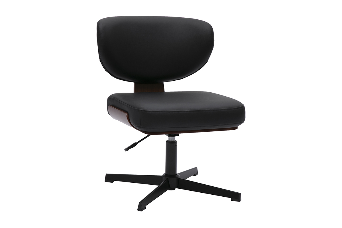 Sedia da ufficio nera e in legno di noce scuro con base a stella, vista da 3/4.