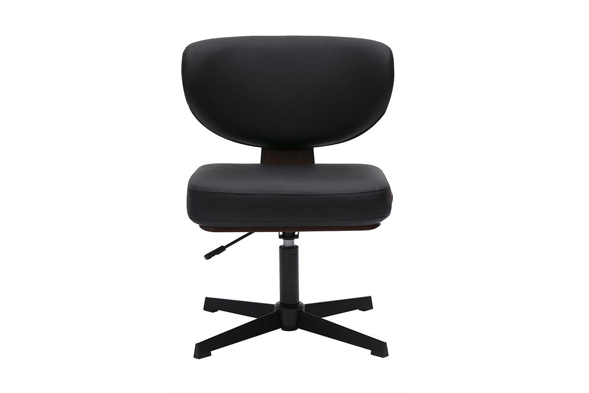 Sedia da ufficio HANZ nera, vista frontale, legno curvato finitura noce, base a stella in metallo nero.