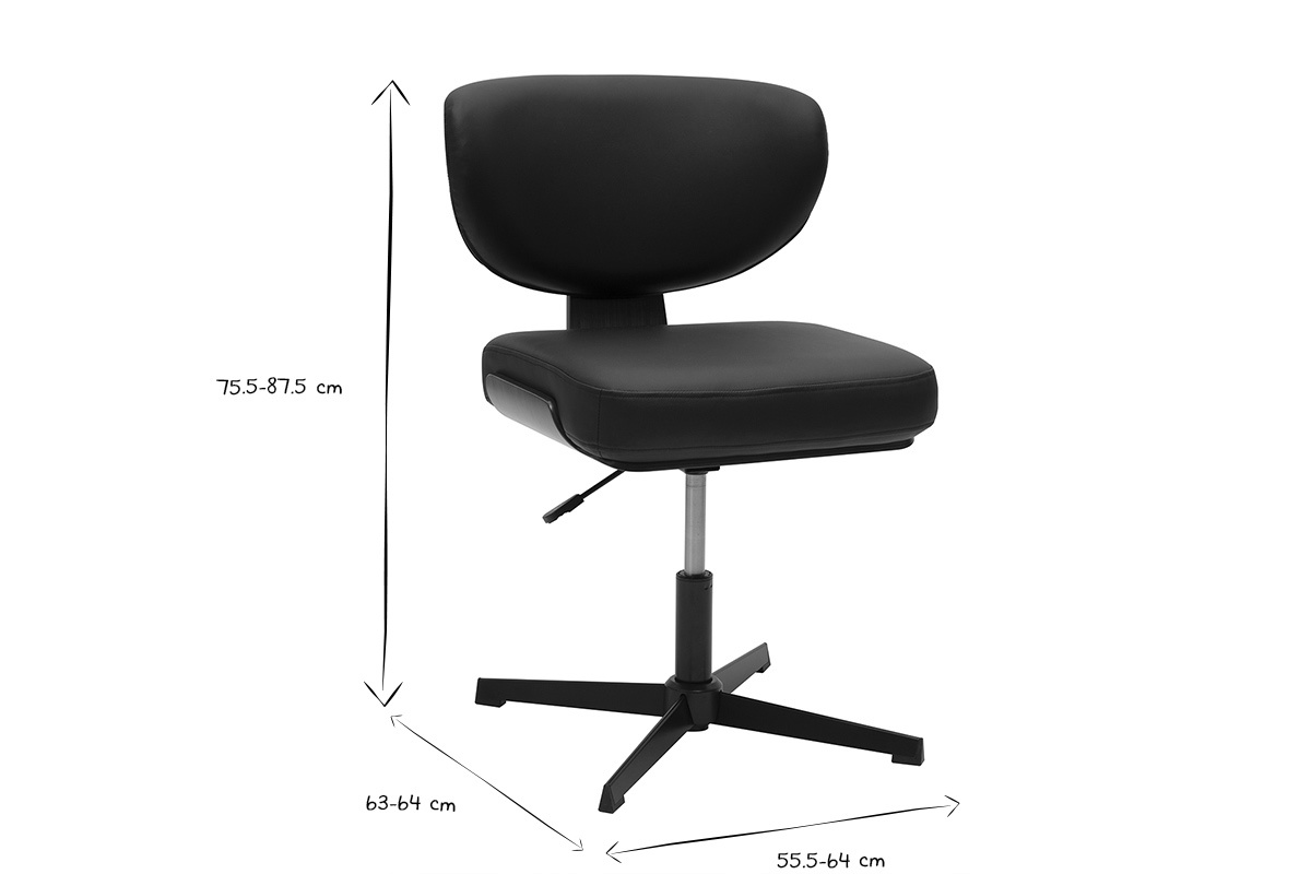 Sedia da ufficio nera HANZ, dimensioni in bianco e nero indicate: altezza 75,5-87,5 cm, larghezza 55,5-64 cm.