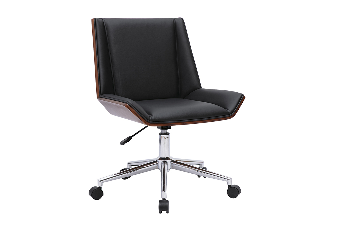 Sedia da ufficio nera con ruote, vista da 3/4, legno scuro, acciaio cromato.