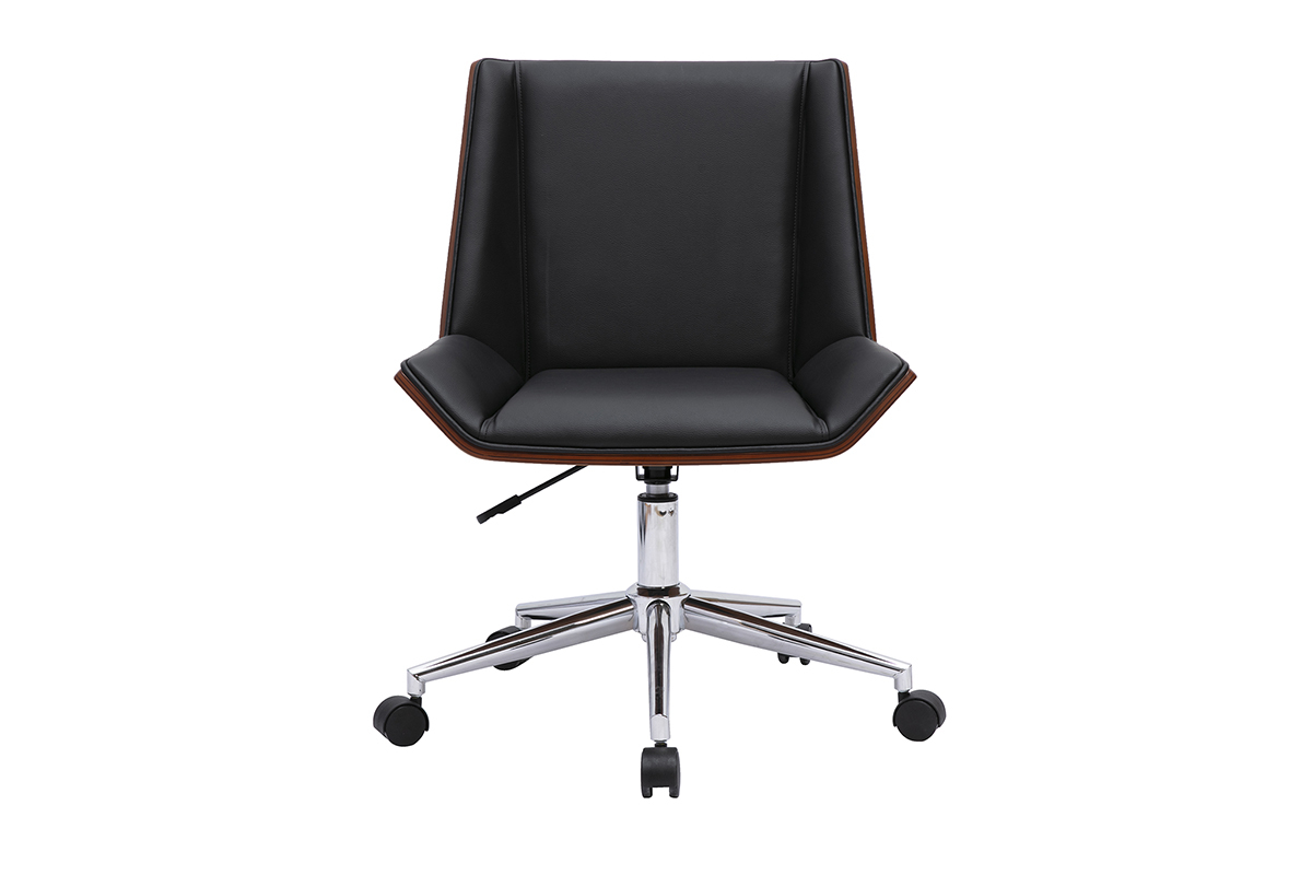 Sedia da ufficio nera con base cromata vista di fronte.