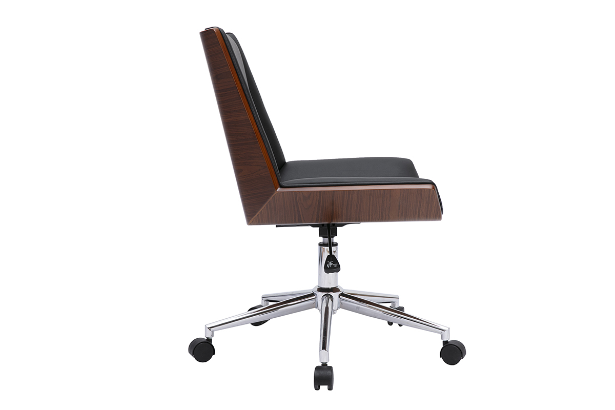 Sedia da ufficio nera MELKIOR, vista laterale, legno scuro e acciaio cromato.