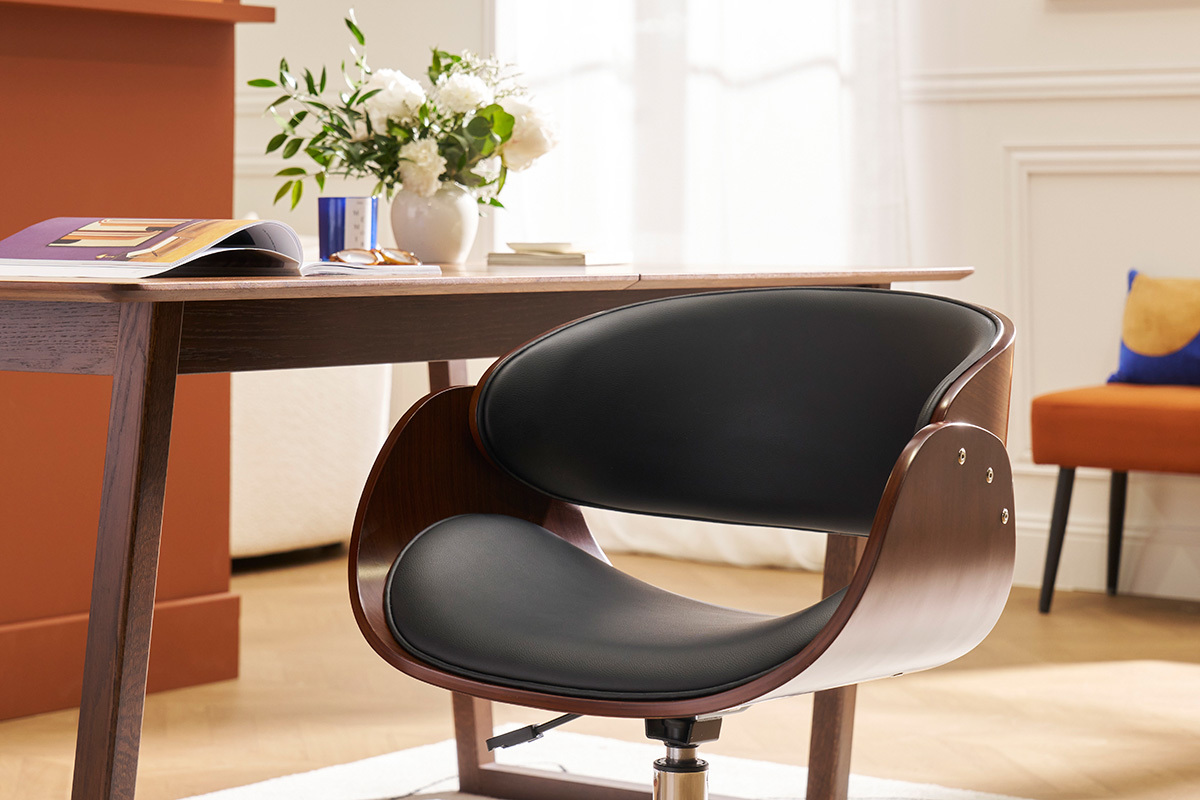 Sedia design a rotelle nera e legno color noce BENT