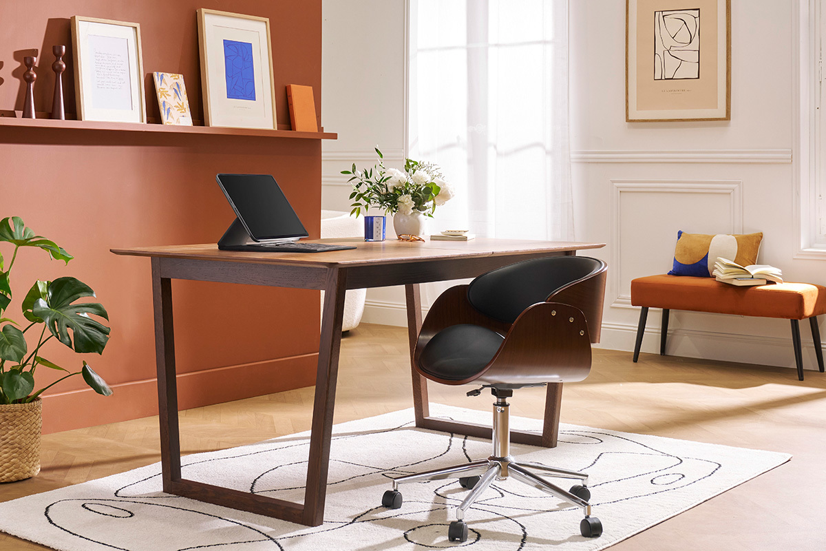 Sedia design a rotelle nera e legno color noce BENT