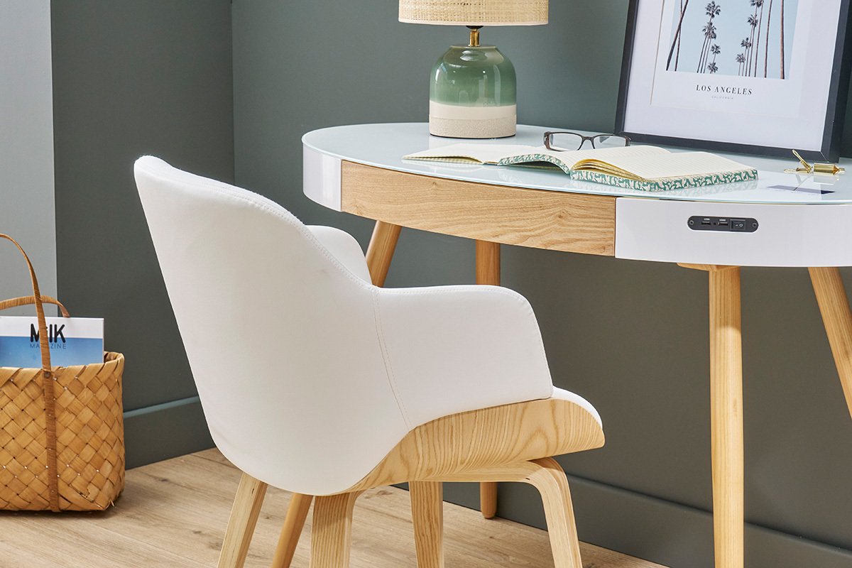 Sedia design bianco e legno chiaro LUCIEN