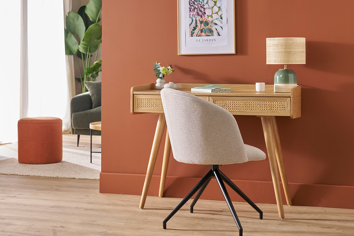 Sedia design girevole a 360� in tessuto effetto velluto beige e metallo nero VANITY