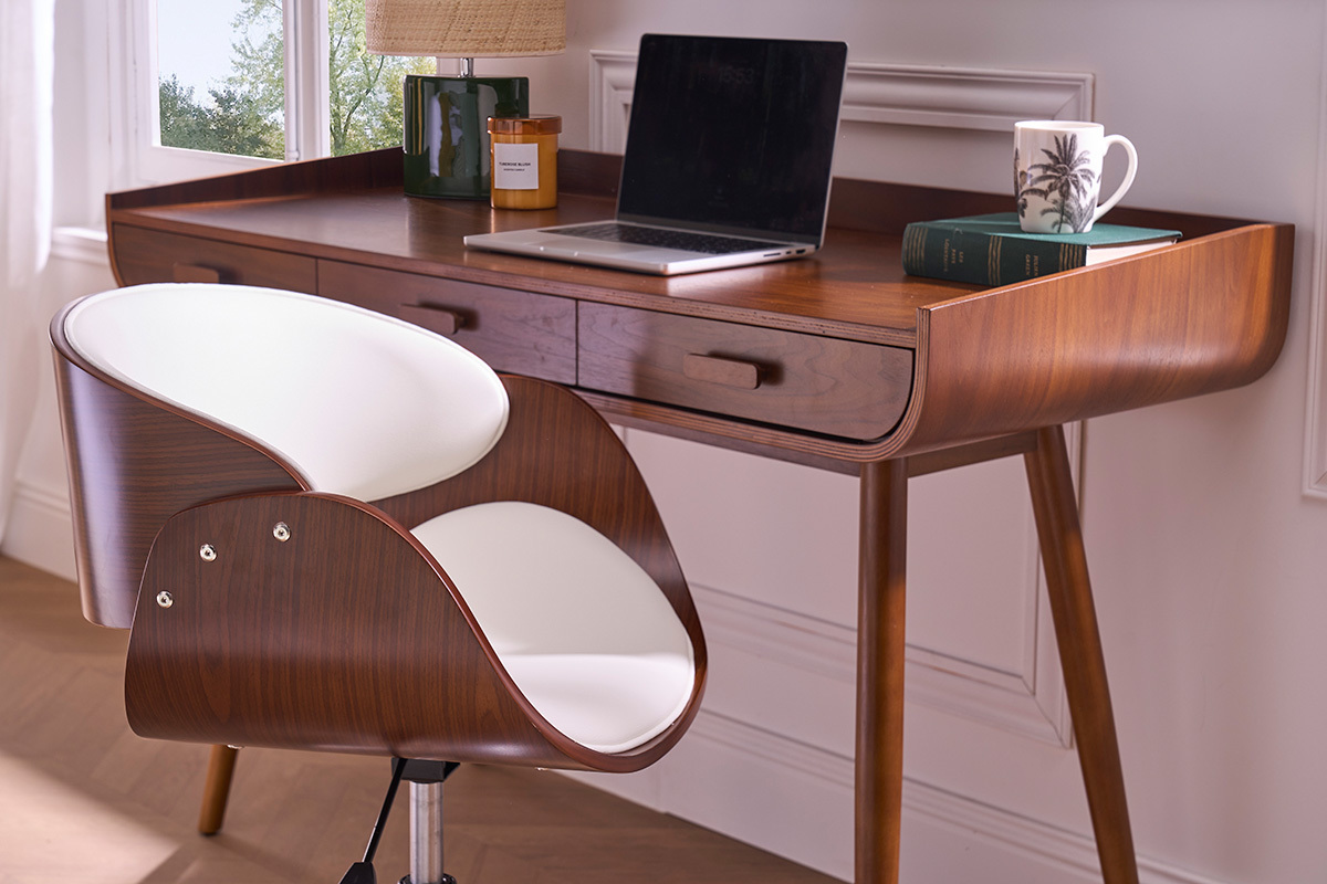Sedia design girevole bianca e legno color noce BENT