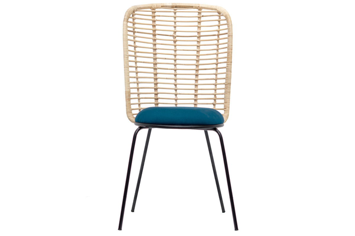 Sedia design in rattan e tessuto blu petrolio NICOLAS