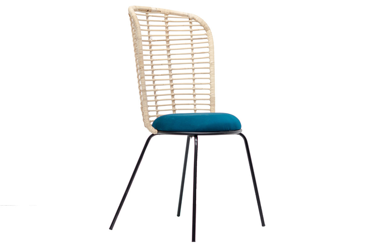 Sedia design in rattan e tessuto blu petrolio NICOLAS