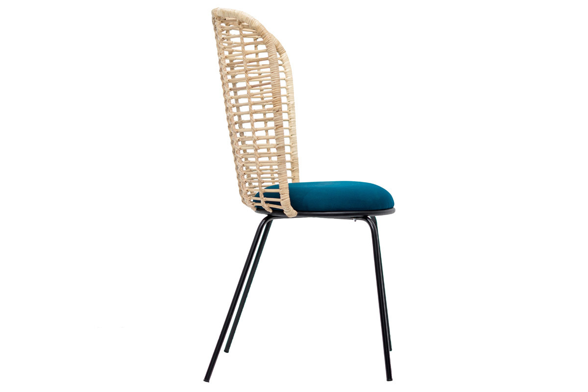 Sedia design in rattan e tessuto blu petrolio NICOLAS