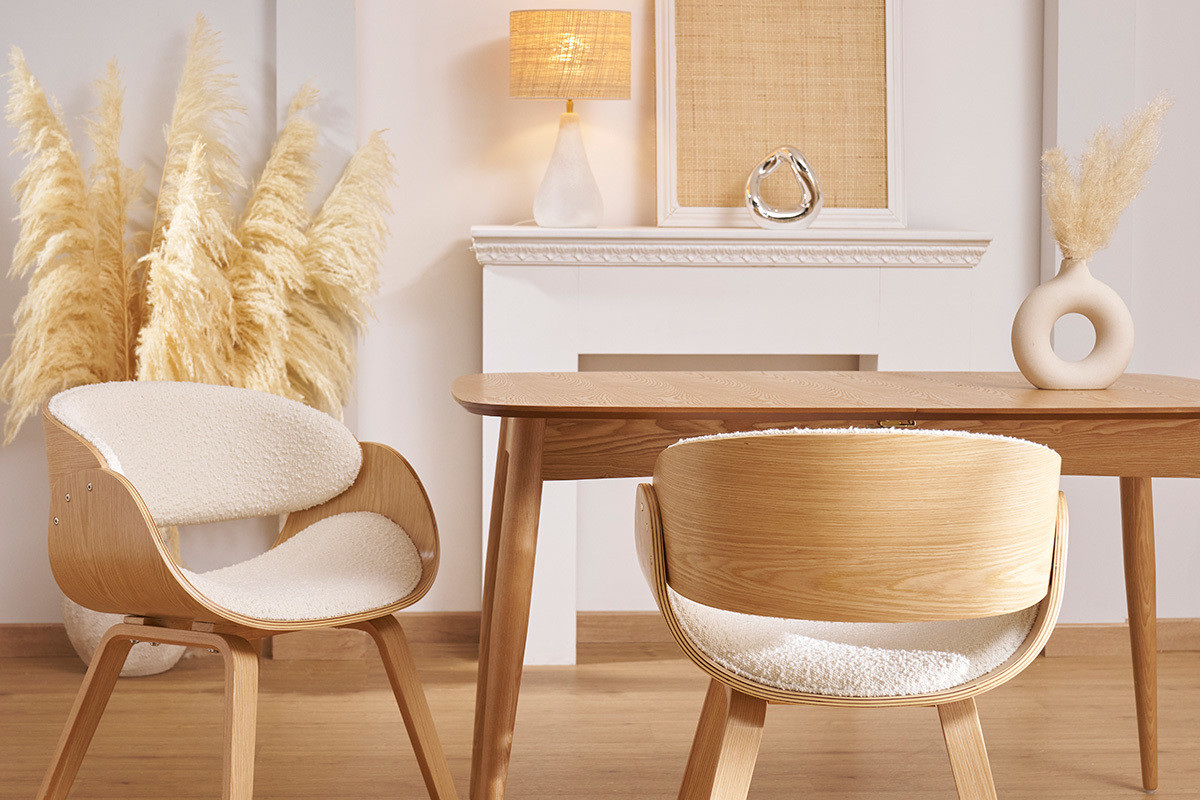 Sedia design in tessuto effetto lana boucl bianco e legno chiaro BENT