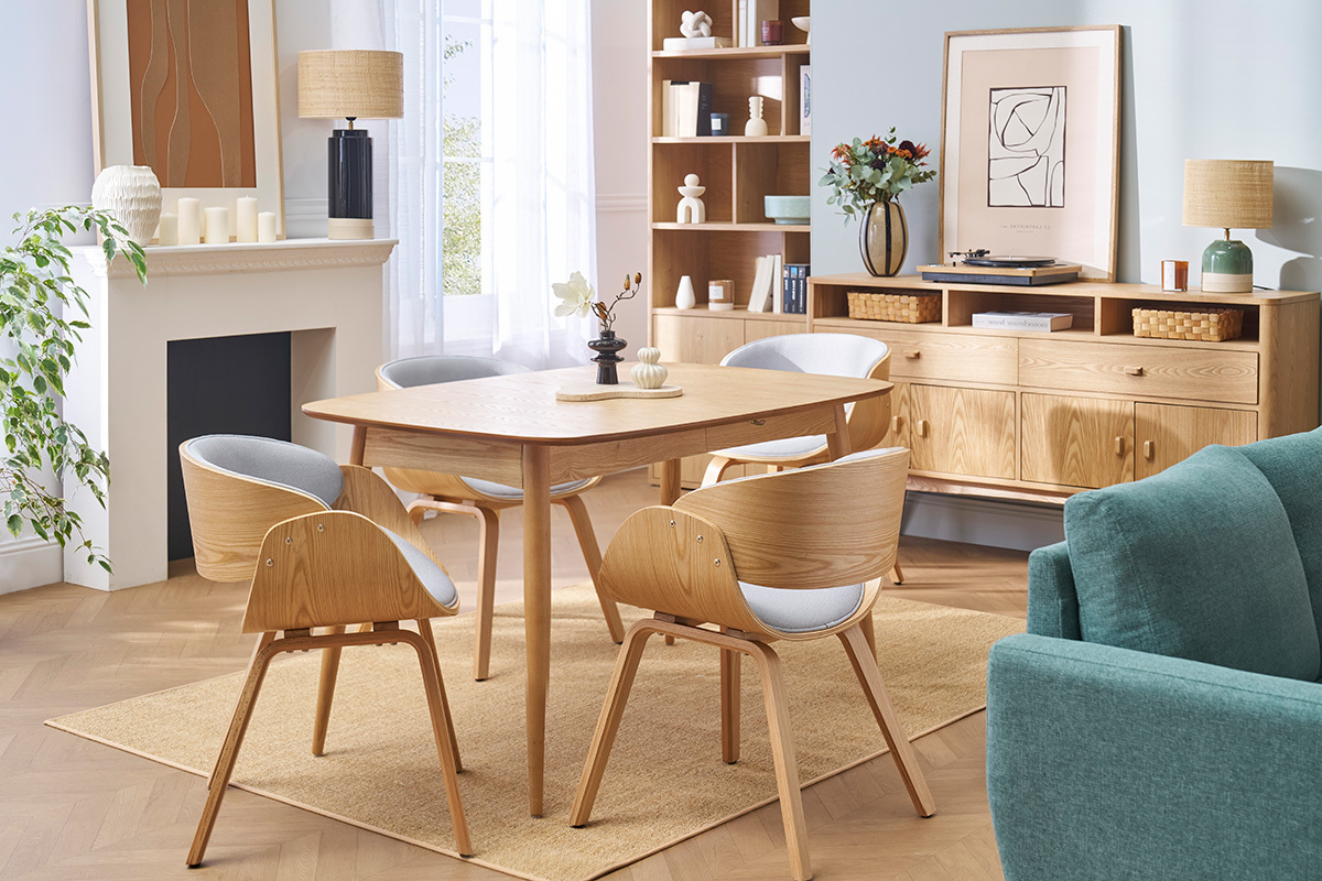 Sedia design in tessuto grigio e legno chiaro BENT