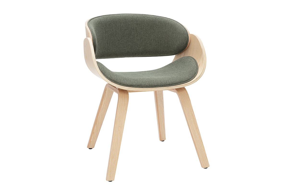 Sedia design in tessuto verde cachi e legno chiaro BENT