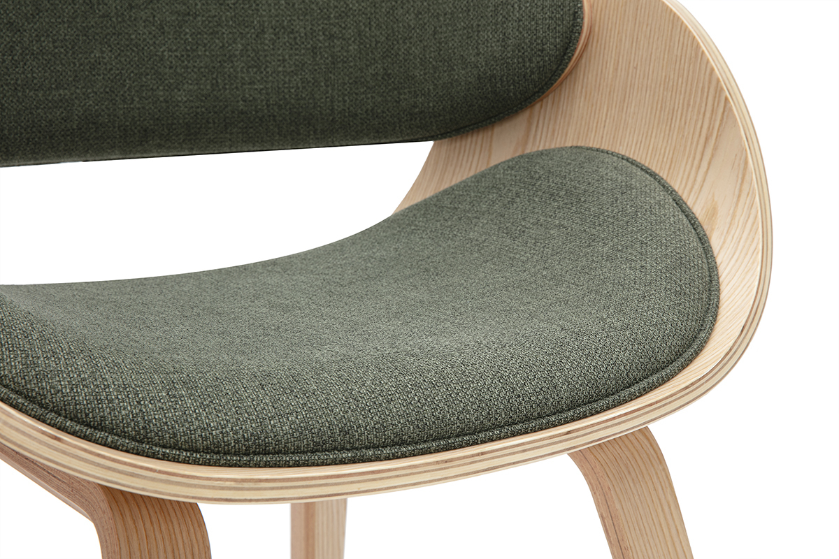 Sedia design in tessuto verde cachi e legno chiaro BENT