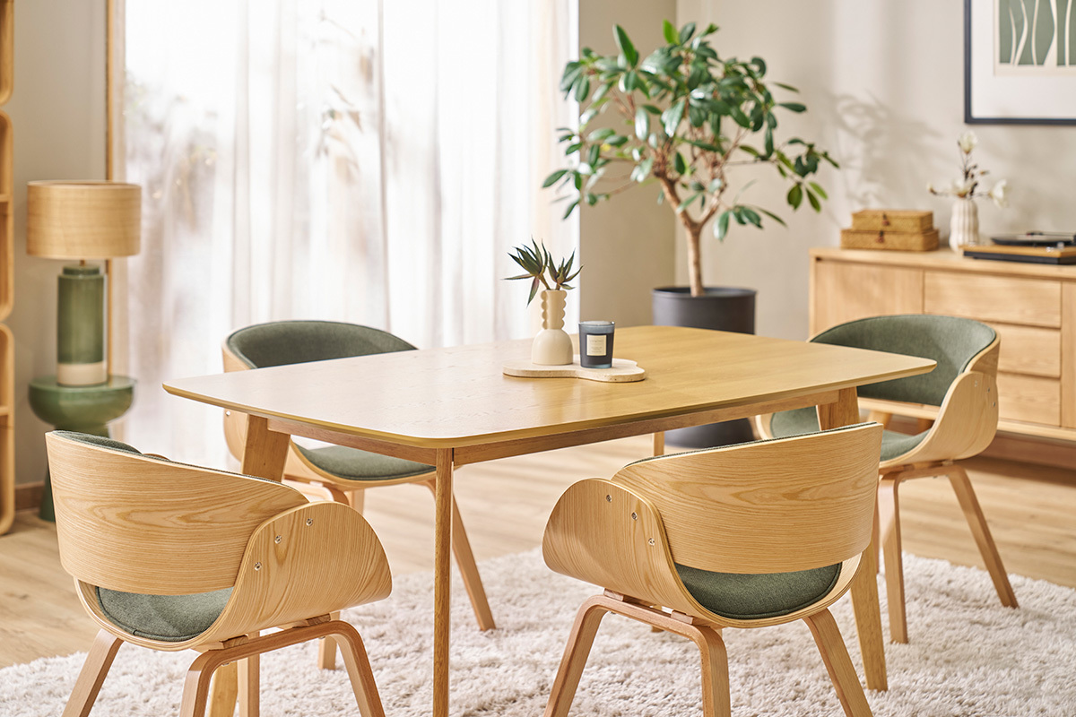 Sedia design in tessuto verde cachi e legno chiaro BENT