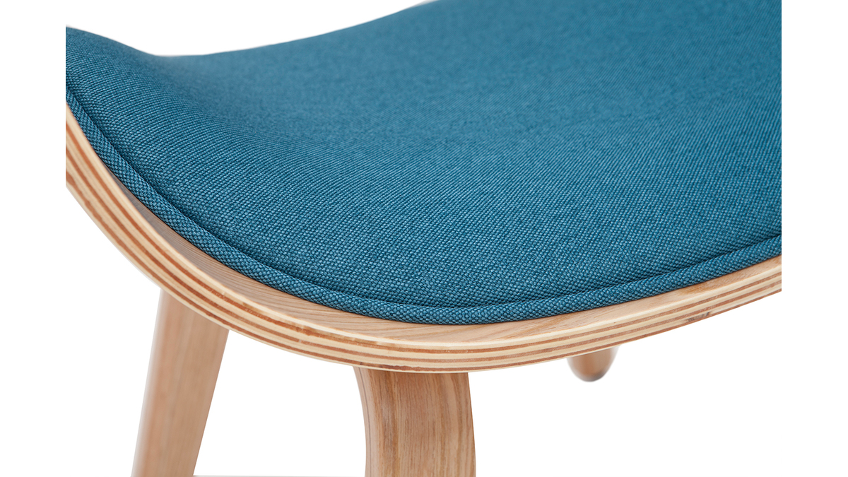 Sedia design tessuto blu anatra e legno chiaro BENT