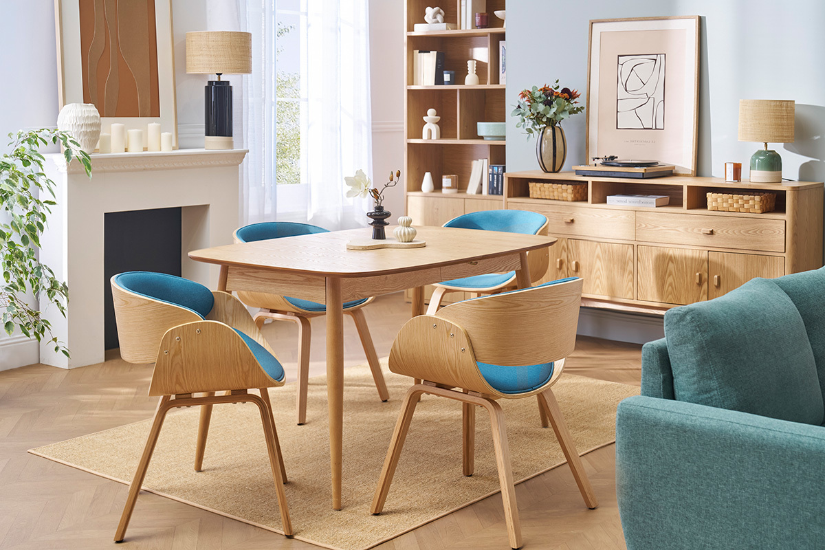 Sedia design tessuto blu anatra e legno chiaro BENT