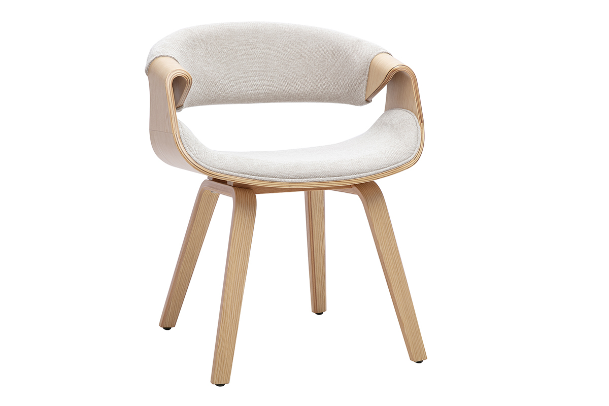 Sedia design ARAMIS in tessuto beige effetto velluto e legno chiaro, vista a 3/4