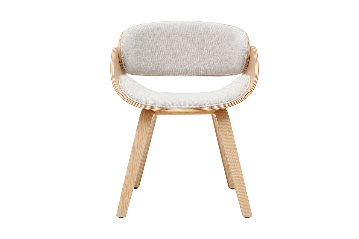 Sedia di design BENT in tessuto beige e legno chiaro, vista frontale.