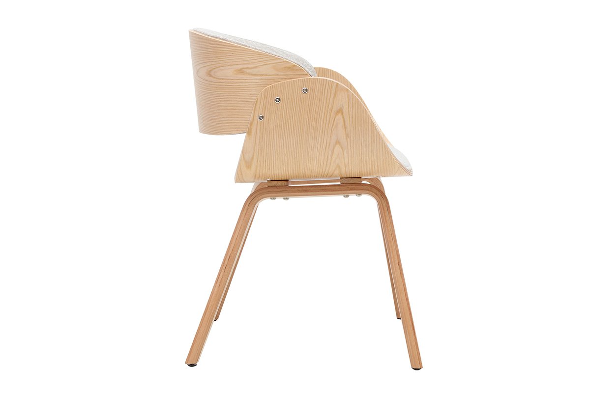 Chaise design BENT in tessuto velluto beige e legno chiaro, vista di profilo.