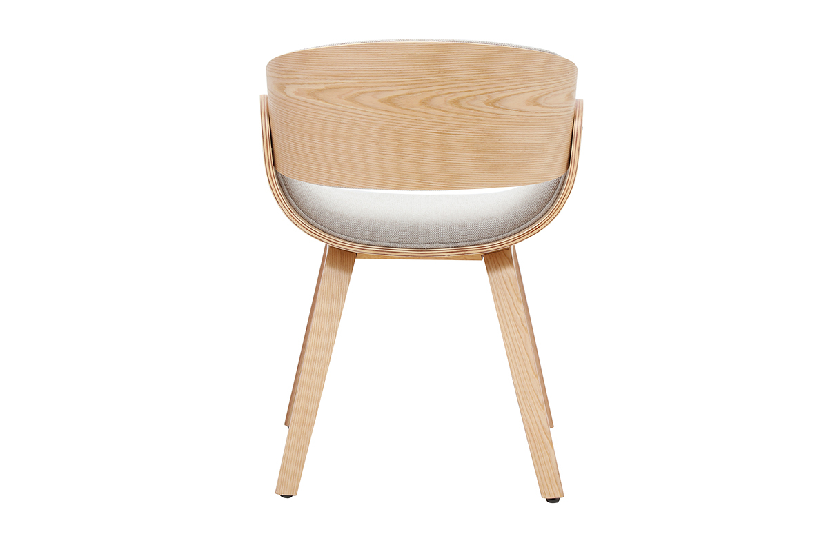 Sedia di design BENT, vista posteriore, in tessuto beige e legno chiaro, stile scandi-retro.
