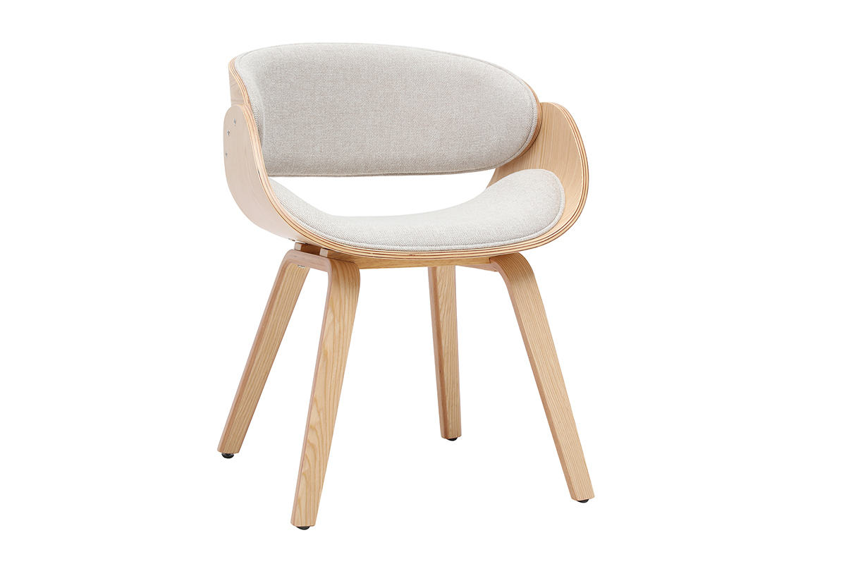 Sedia di design BENT in tessuto beige effetto velluto e legno chiaro, vista a 3/4