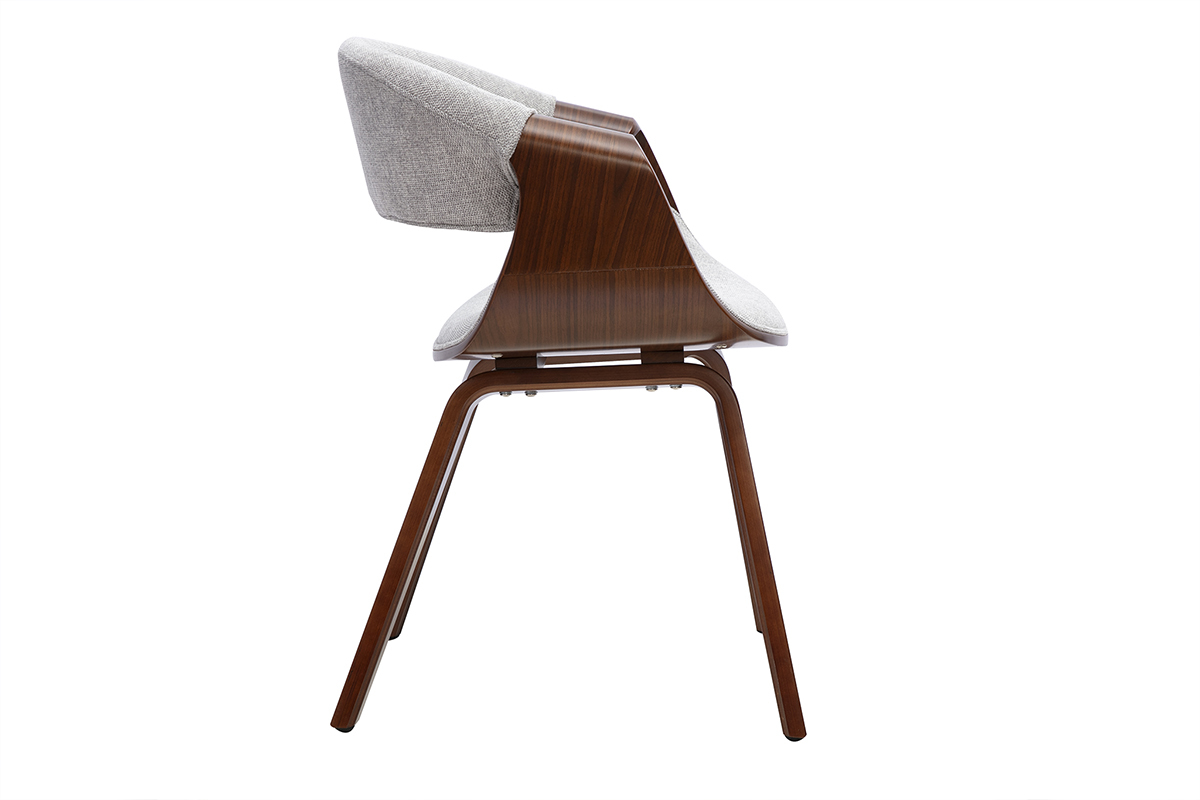Chaise design ARAMIS in tessuto grigio e legno scuro, vista di profilo.