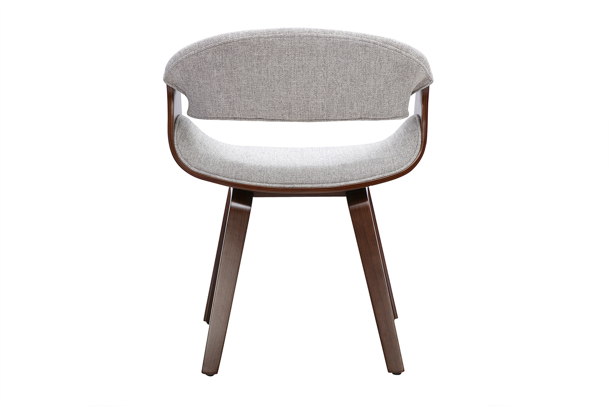 Sedia di design ARAMIS in tessuto grigio e legno scuro, vista posteriore con braccioli.
