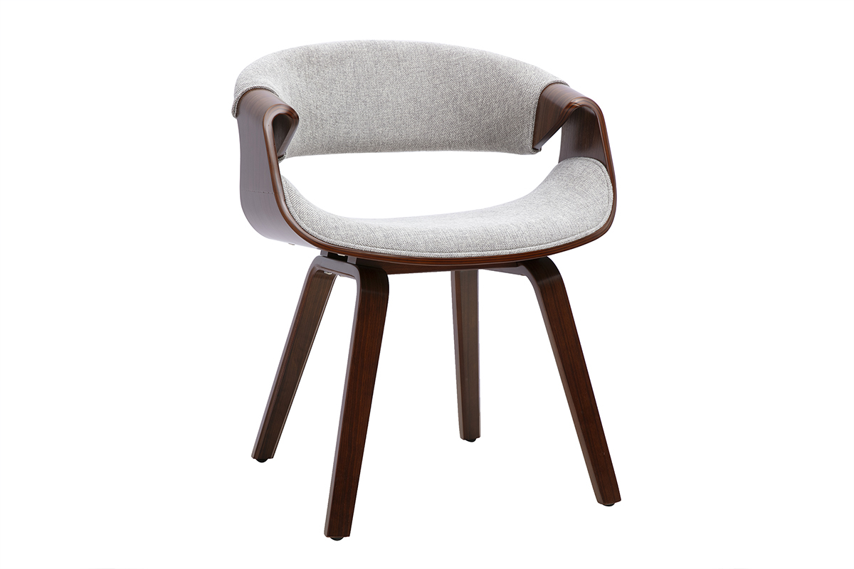 Sedia di design ARAMIS in tessuto grigio e legno scuro, vista a tre quarti