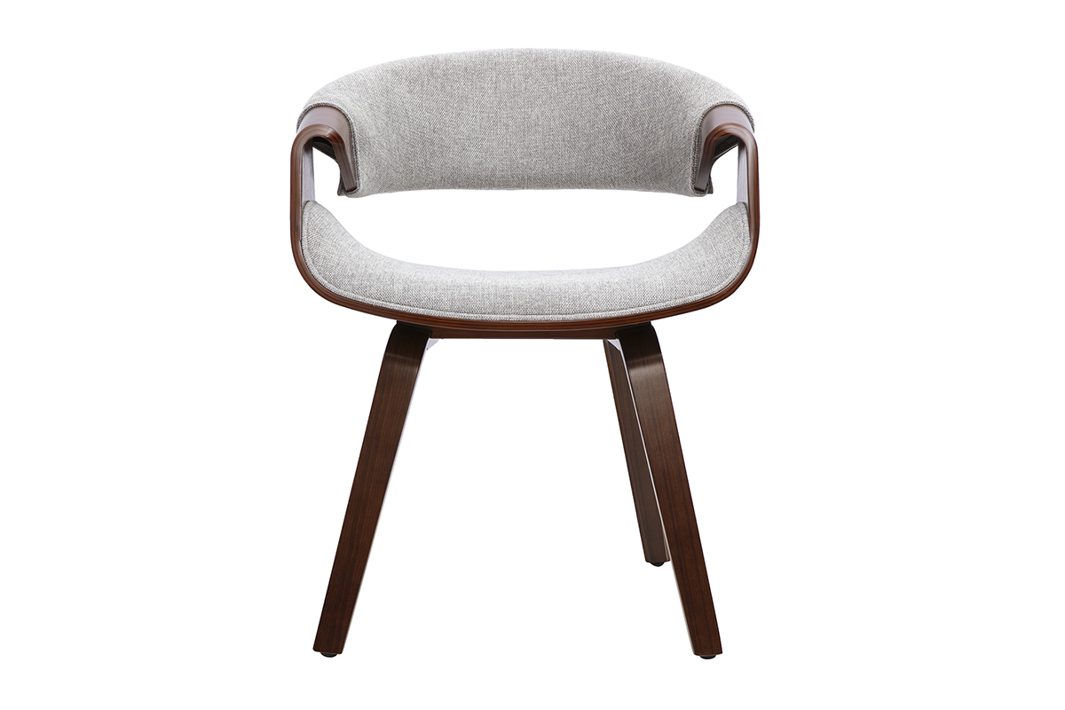 Sedia di design ARAMIS in tessuto grigio con braccioli e base in legno scuro, vista frontale.
