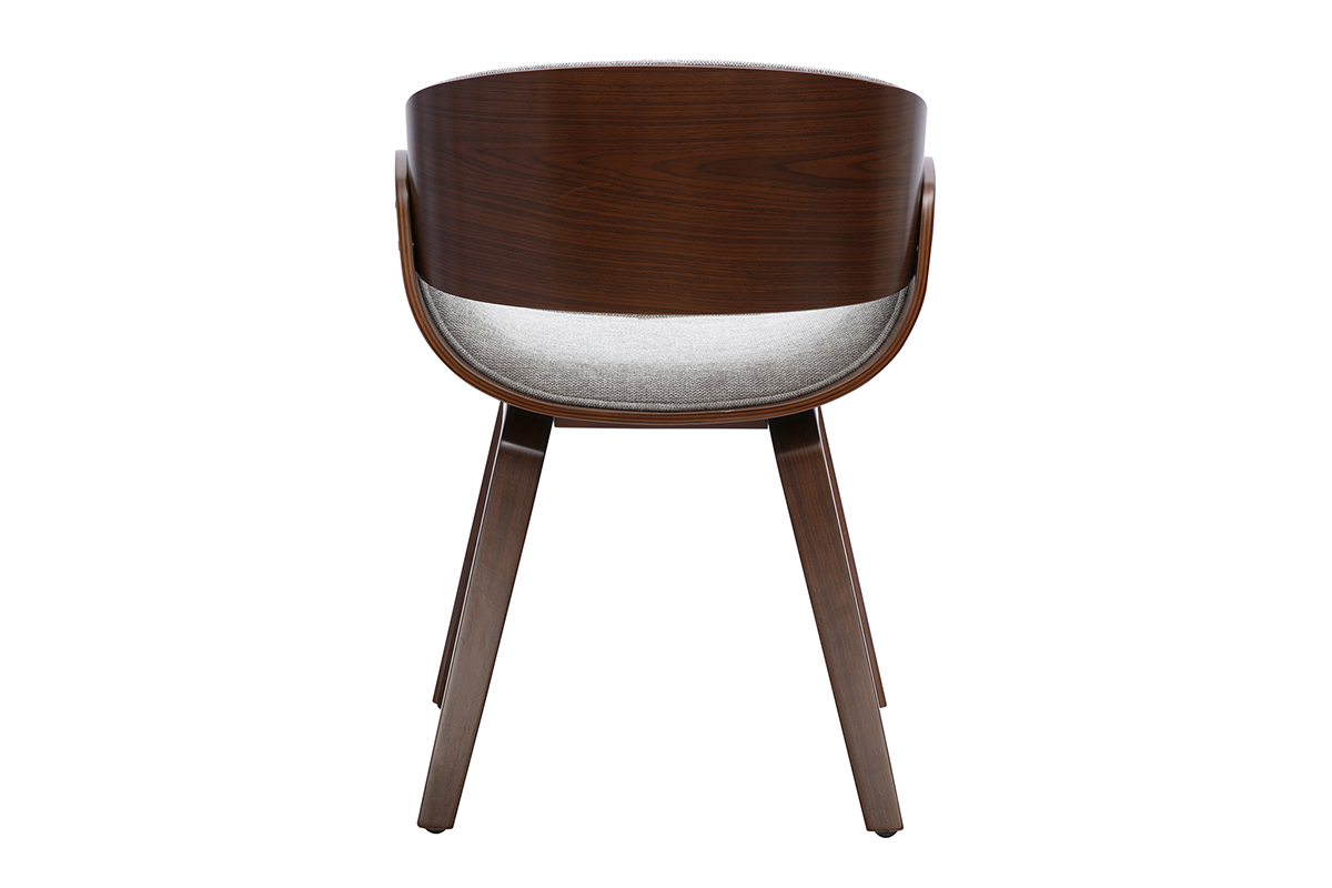 Sedia di design in tessuto grigio e legno scuro, vista posteriore, stile scandi-retro.