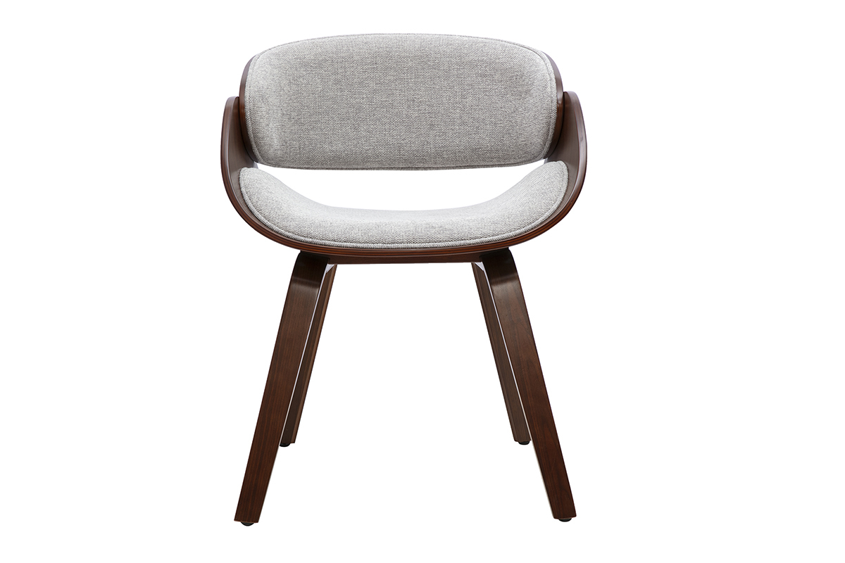 Sedia di design in tessuto grigio con braccioli e base in legno scuro, vista frontale