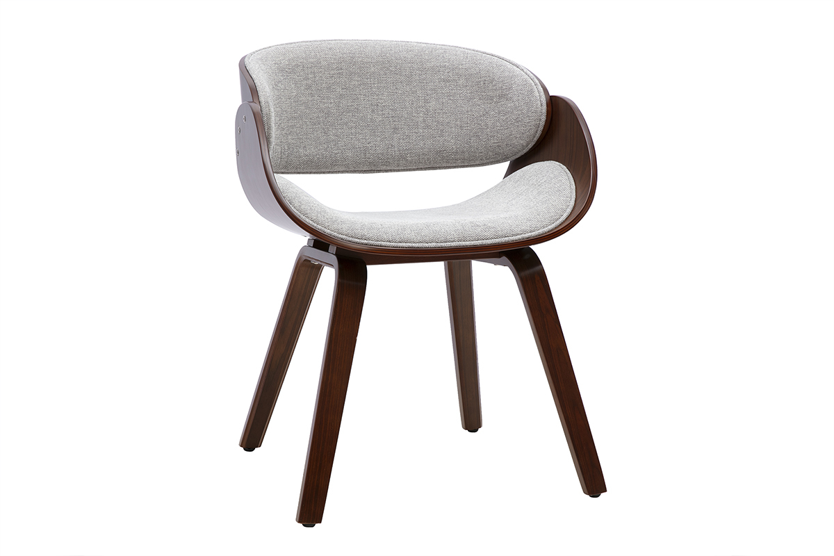Sedia di design BENT in tessuto velluto grigio con braccioli e base in legno scuro, vista a 3/4.