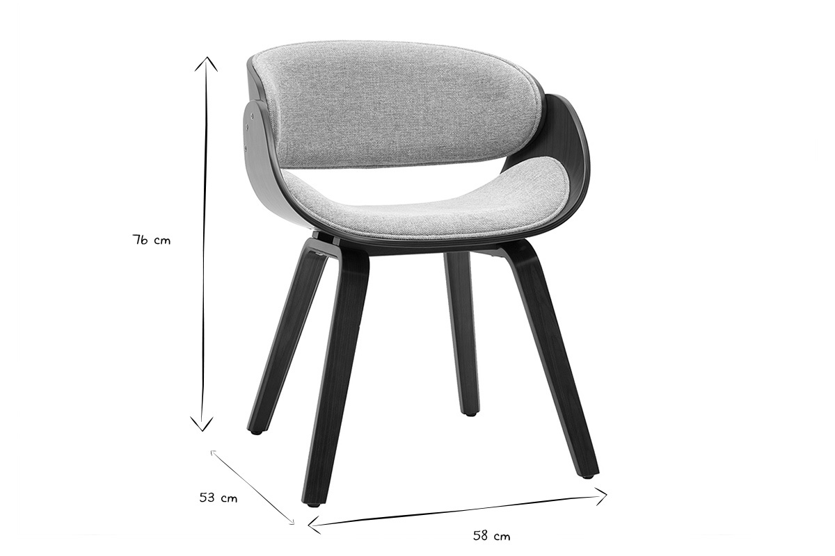 Dimensioni della sedia di design BENT: altezza 76 cm, profondit� 53 cm, larghezza 58 cm, in bianco e nero.