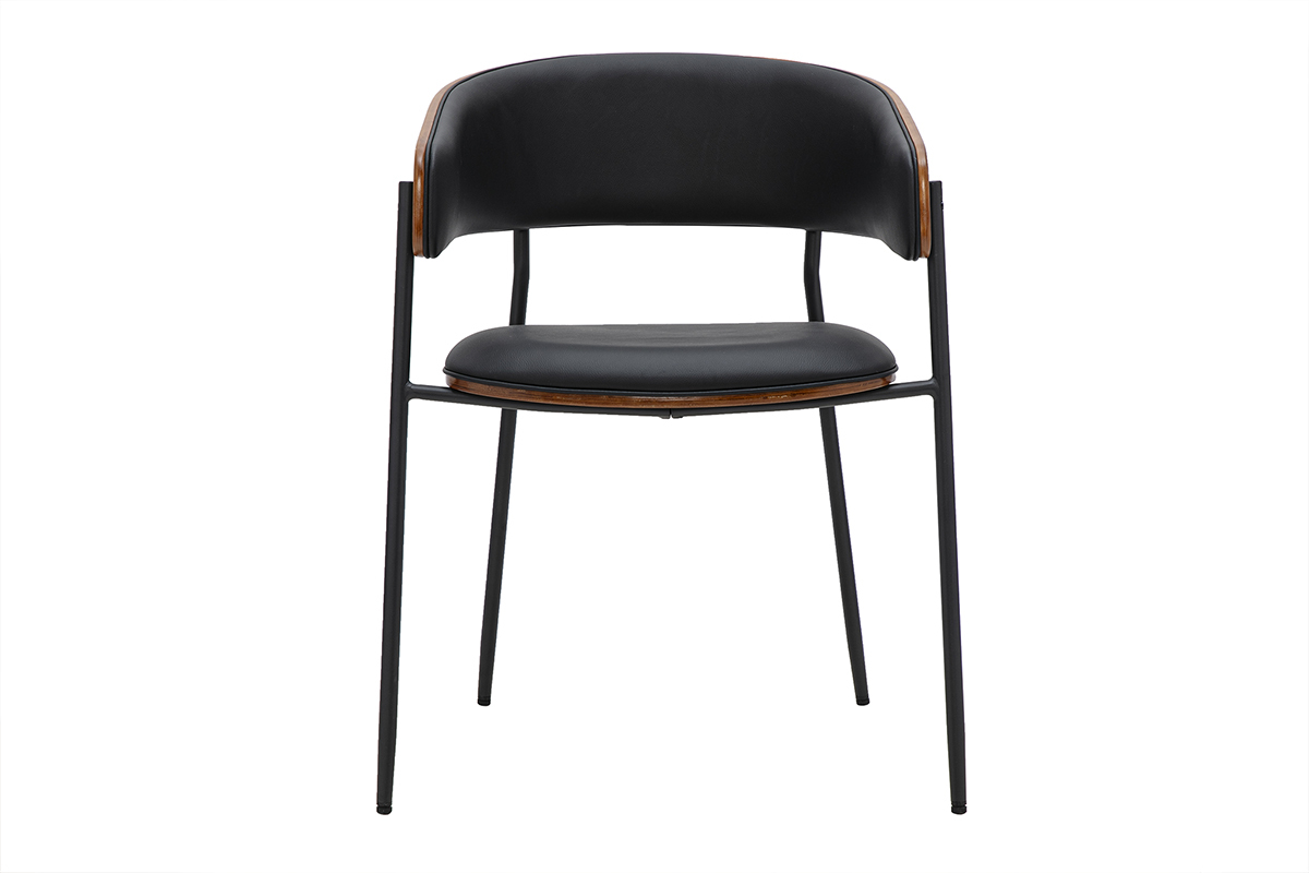 Sedia di design nera e legno scuro DANTE vista frontale con schienale avvolgente