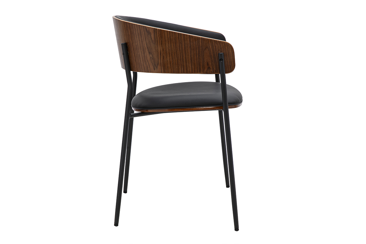 Sedia di design nera con schienale in legno scuro, vista di profilo