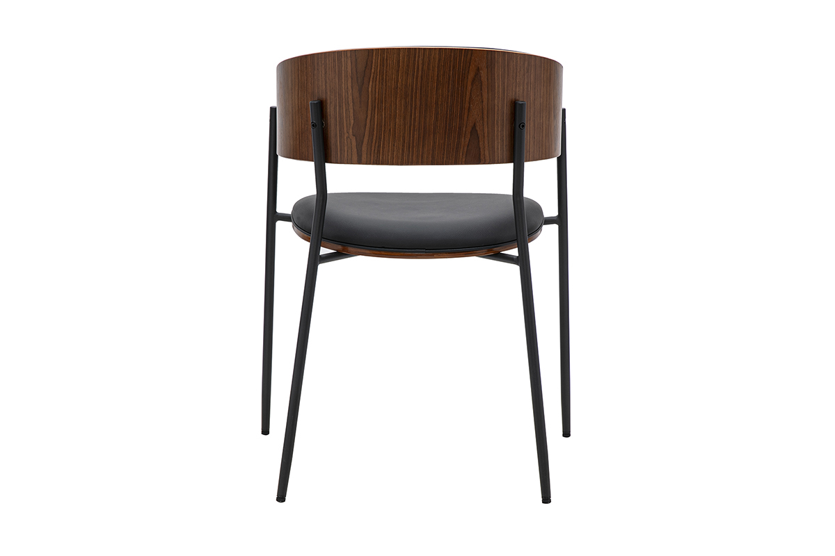 Sedia DANTE vista da dietro, design nero e legno scuro, con struttura in metallo e seduta in poliuretano.