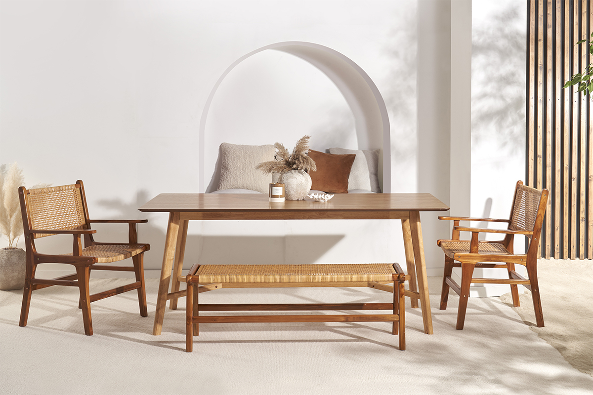 Sedia etnica in legno massello di teak e motivo a intreccio rattan GAWA