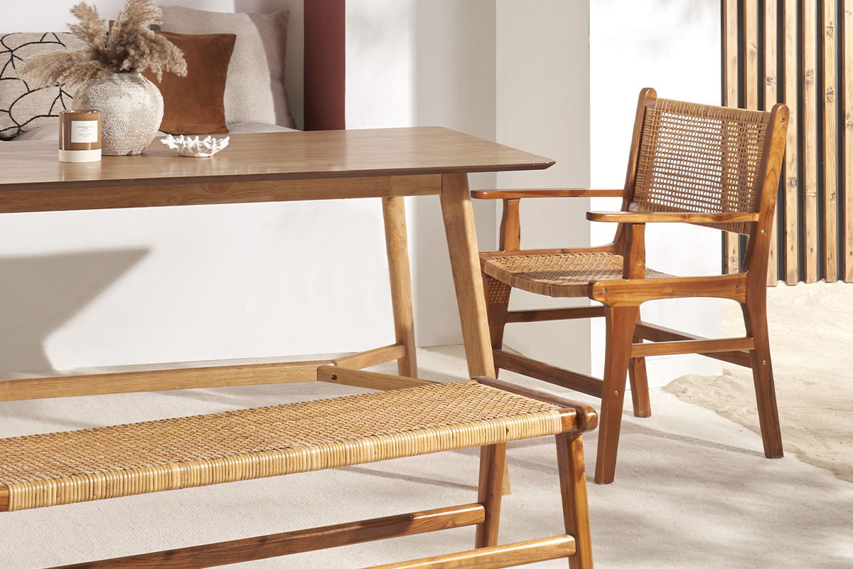 Sedia etnica in legno massello di teak e motivo a intreccio rattan GAWA