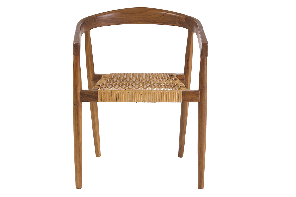 Sedia etnica in teak massiccio con seduta in paglia di Vienna, vista frontale.