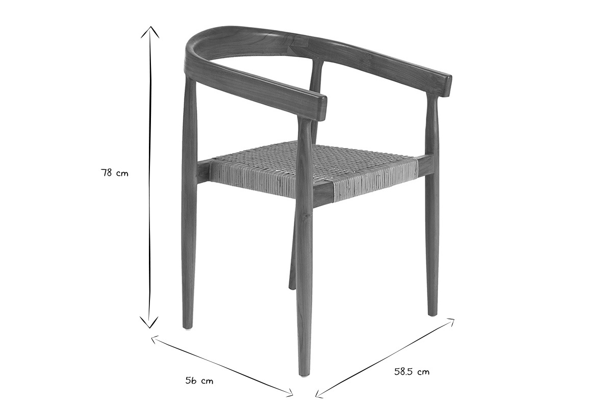 Dimensioni della sedia etnica in legno massello di teak e intreccio in rattan, altezza 78 cm, larghezza 56 cm e 58,5 cm.