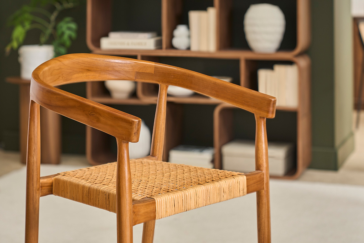 Sedia etnica in legno massello di teak e motivo a intreccio rattan NEGARA