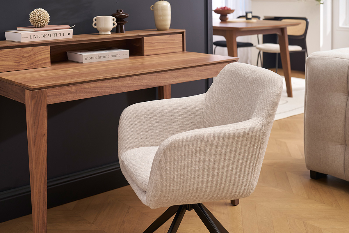 Sedia girevole 360� in tessuto effetto velluto testurizzato beige e metallo nero AMIKA