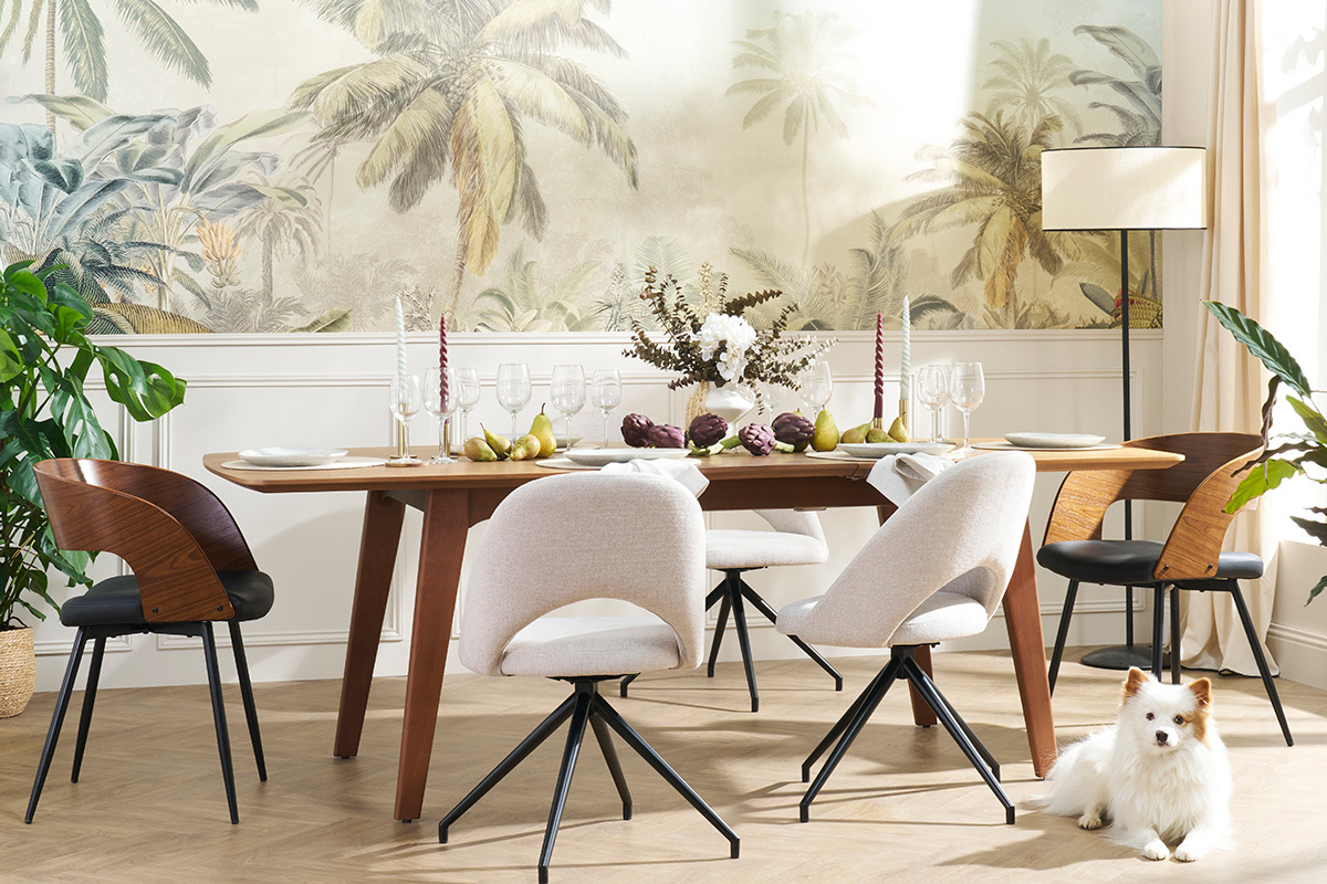 Sedia girevole 360� in tessuto effetto velluto testurizzato beige e metallo nero COSETTE