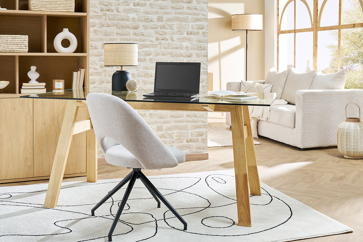 Sedia girevole 360� in tessuto effetto velluto testurizzato beige e metallo nero COSETTE